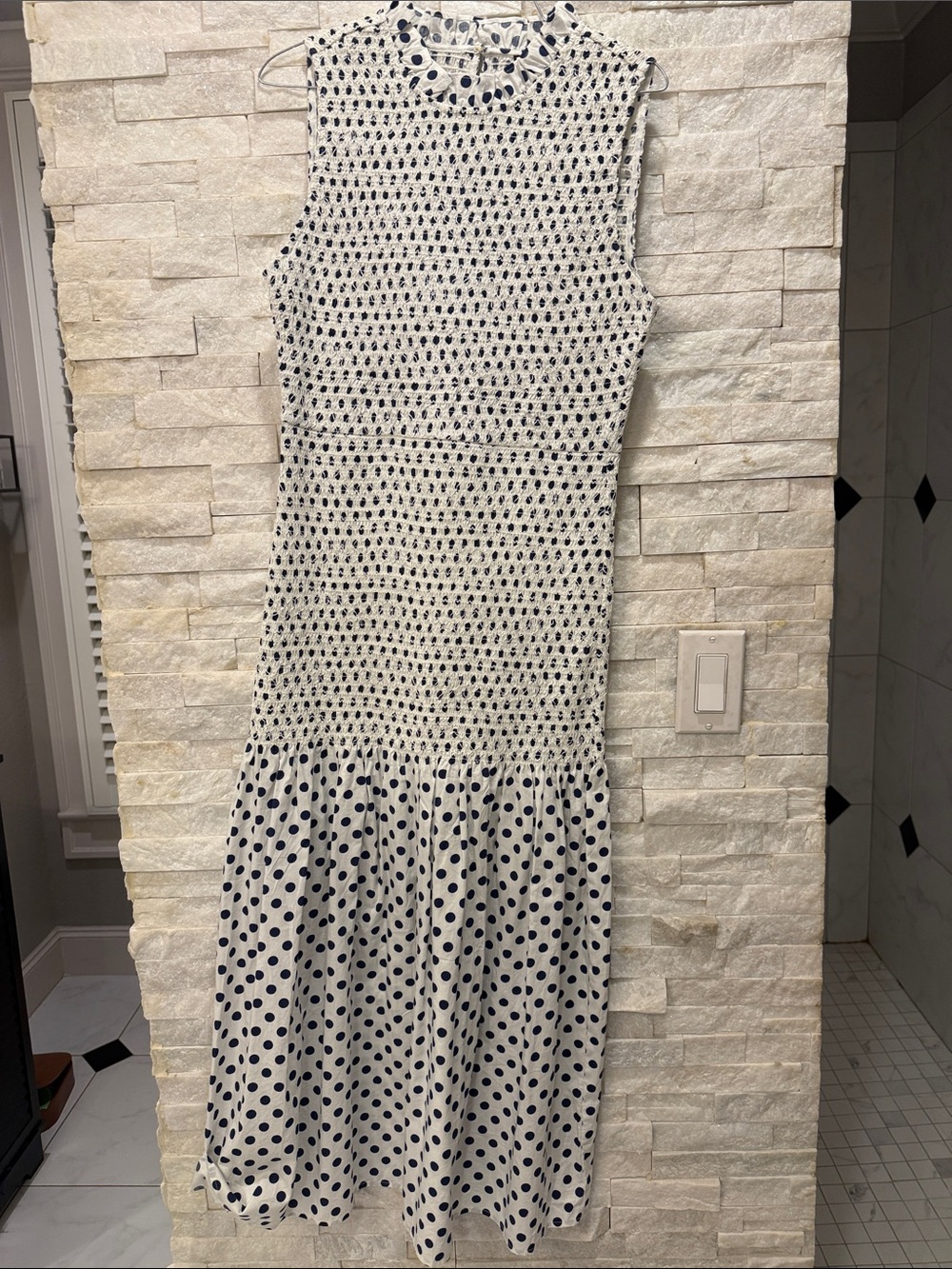 J. Crew White Midi Dress with Navy Polka Dots